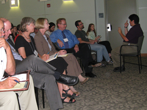 Speakers at this year's Greenovation Forum included (from left, in black shirt) Marty Eberhardt, executive director of Cuyumaca College's Water Conservation Garden; Maureen Stapleton, the general manager of the San Diego County Water Authority; and Professor Steve A. Kay, Dean of Biological Sciences at UCSD.