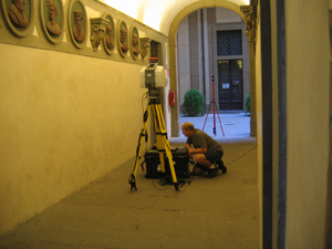 UCSD Structural Engineering graduate student Michael Olsen uses a Leica Scanstation 2 laser scanner to capture geometric data from a small room in the Palazzo Medici, one of the Renaissance greatest landmarks. 