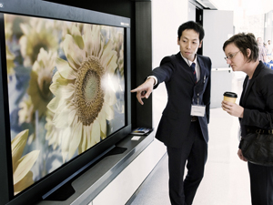 A CineGrid participant points out the detail in a 4K television display, which has approximately four times the resolution of the most widely-used HD television format,