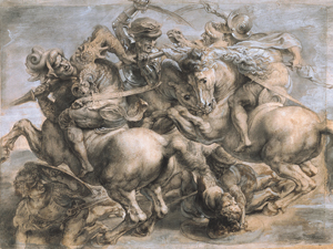 A drawing of the scene of "The Battle of Anghiari." The drawing is attributed to an anonymous artist, but was later modified by Flemish artist Peter Paul Rubens.