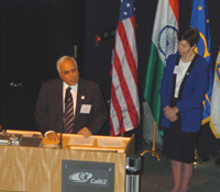 Minister Kapil Sibal makes opening comments as UCSD Chancellor Marye Anne Fox looks on.