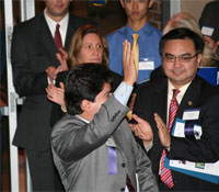 Jose Solorio acknowleges the crowd after he is introduced