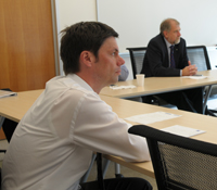Carl Zeiss Senior Vice President Frank Stietz (in foreground) meets with Jacobs School of Engineerin