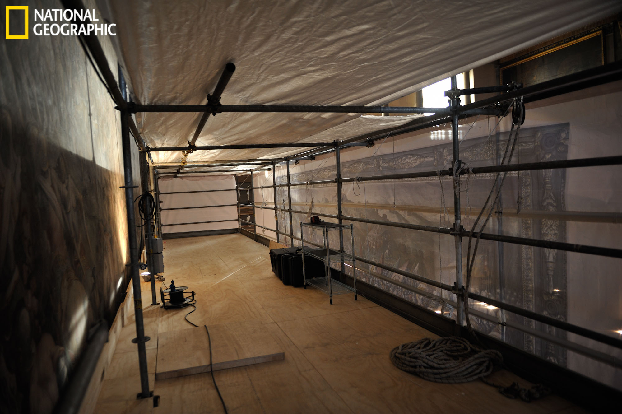 Scaffolding stands in front of the Vasari painting