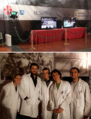 (Top Photo) Two video displays in the Hall of the 500 inform the 4,000 or so daily visitors about the innovative research being done at UC San Diego. (Bottom Photo) UCSD graduate students and staff engineers in front of the scaffold, L to R: Samantha Stout MSE, Tom Wypych CSE, Daniel Johnson Calit2 staff, Vid Petrovic CSE, David Vanoni CSE.