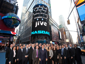 Employees of Jive stand in Times Square
