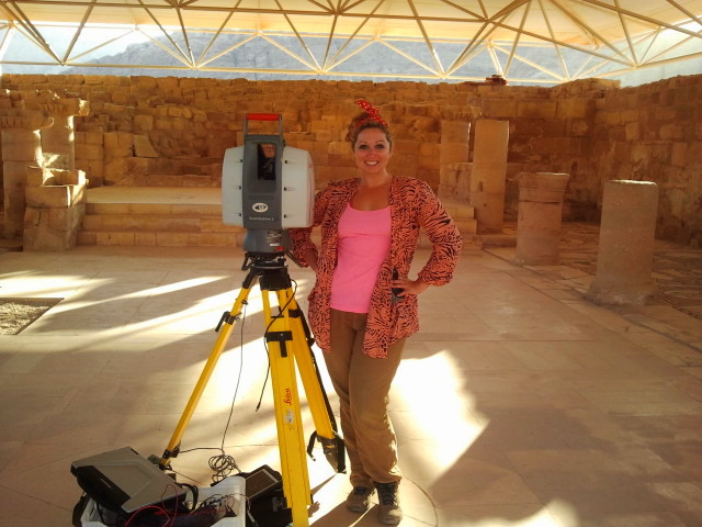 Ashley Richter uses a LiDAR scanner to capture digital data clouds at an archaeological site in Petra, Jordan.