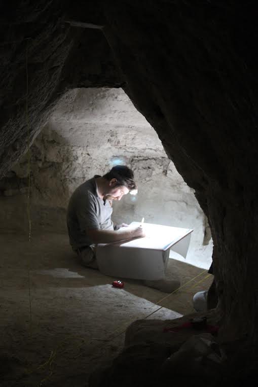 Thomas Garrison conducts traditional archaeological documentation (drawing) of a tomb chamber documented by the LiDAR machine in a matter of minutes