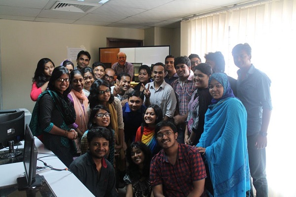 Robert Hooper via video with trainee Bangladeshi filmmakers in 2015
