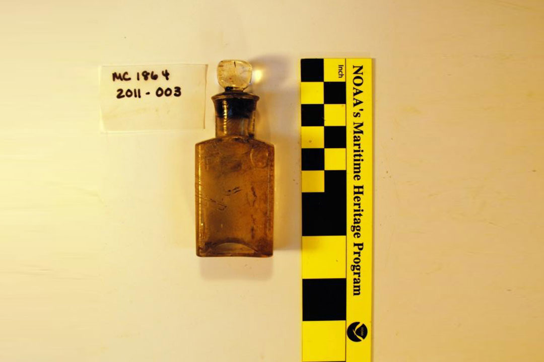Measuring bottle artifact discovered in the bow of the Mary Celestia