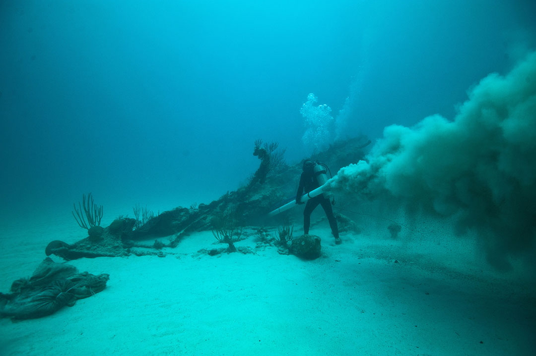 A diver investigates the Mary Celestia, a shipwreck off the coast of Bermuda.