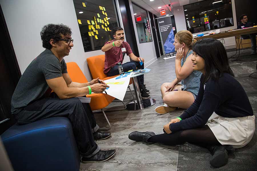 Day 1: Brainstorming at the design sprint and hackathon. The best solutions will go on to win prizes and meetings with startup investors. Photo by Clint Evangelista/UC San Diego Design Lab