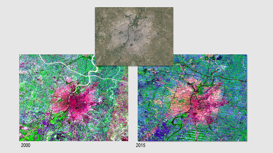 Different band combinations are used to visualize and map the boundaries of urban areas in Ahmedabad, India in (left) 2000 and (right) 2015. Here, the built-up area detection was done using satellite imagery from Landsat (top). Courtesy Big Pixel Initiative.