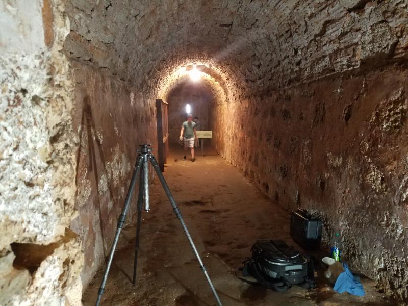 A student investigates the interior of El Abanico Fort