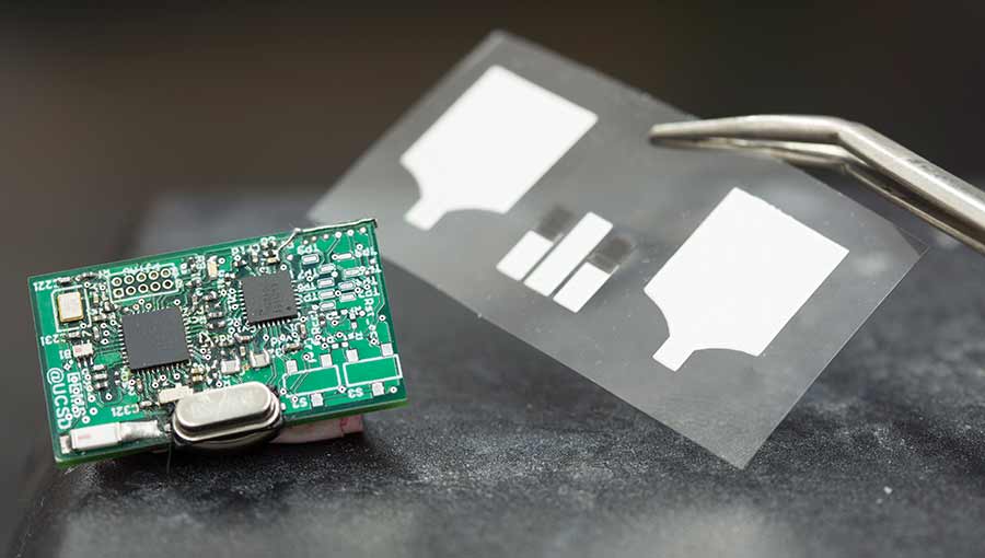 The ChemPhys patch is the first wearable sensor capable of monitoring both biochemical and electric signals in the human body. The patch consists of a custom-made board and screenprinted sensors.