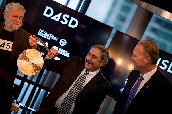Starting with a bang (on a gong)! From left, Design Lab Director Don Norman, UC San Diego Chancellor