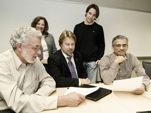 HMC's donation will help create a virtual-reality based system that will explore the effects buildings can have on humans. Pictured (L-R) are Principal Investigators Eduardo Macagno and Eve Edelstein, HMC CEO Randy Peterson, Calit2 Project Scientist Jurgen Schulze and Calit2 Director Ramesh Rao.