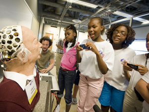 The Einstein Robot was a big hit during the Reach for Tomorrow tour of the Machine Perception Lab at Calit2. 