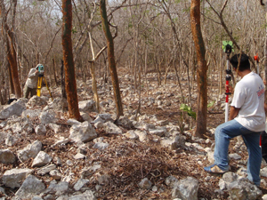 Archaeologists using survey equipment at Chichen Itza